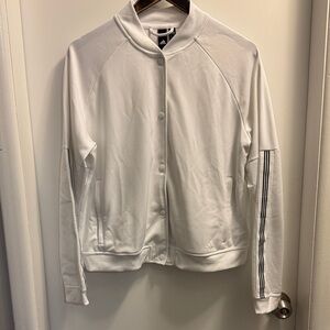 adidas White Women's Snap-Front Varsity Jacket with Mesh Sleeves